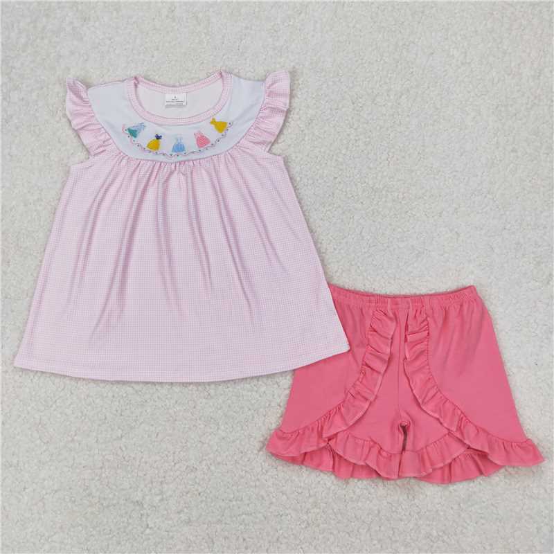 Cute Clothes GSSO2125 Pink Embroidery Tunic Top And Ruffle Shorts Set for Baby Girls Cute Girl Outfit Baby Clothes Set
