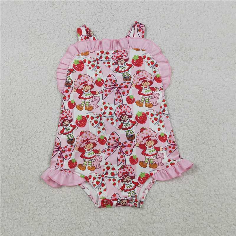 RTS NO MOQ SR3885 Cute Clothes Baby Girls Ruffle Rompers with Strap Flowers And Strawberry Back Bows