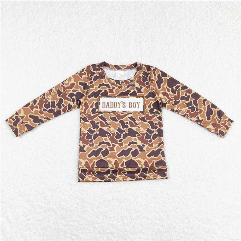 RTS NO MOQ Embroidered mama's boy letters brown camouflage long sleeves