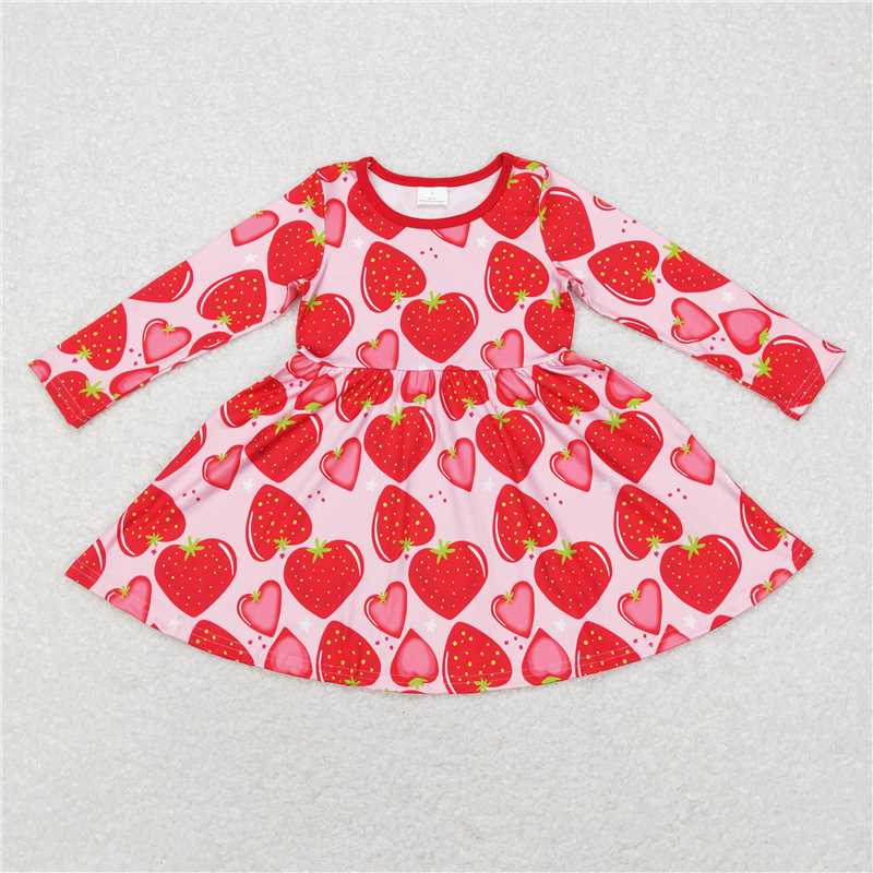 SALES NEW Baby Girls Long Sleeve Knee-Length Strawberry Print Dress Cute Children's Clothing for Girls