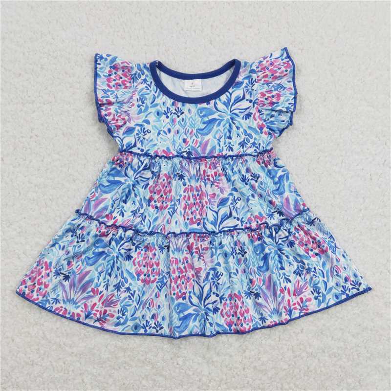 SALES NEW Baby Girls Summer Tunic Tops with Blue Flowers Flutter Sleeve Girls Summer Tops Baby Clothing Tunic Tops