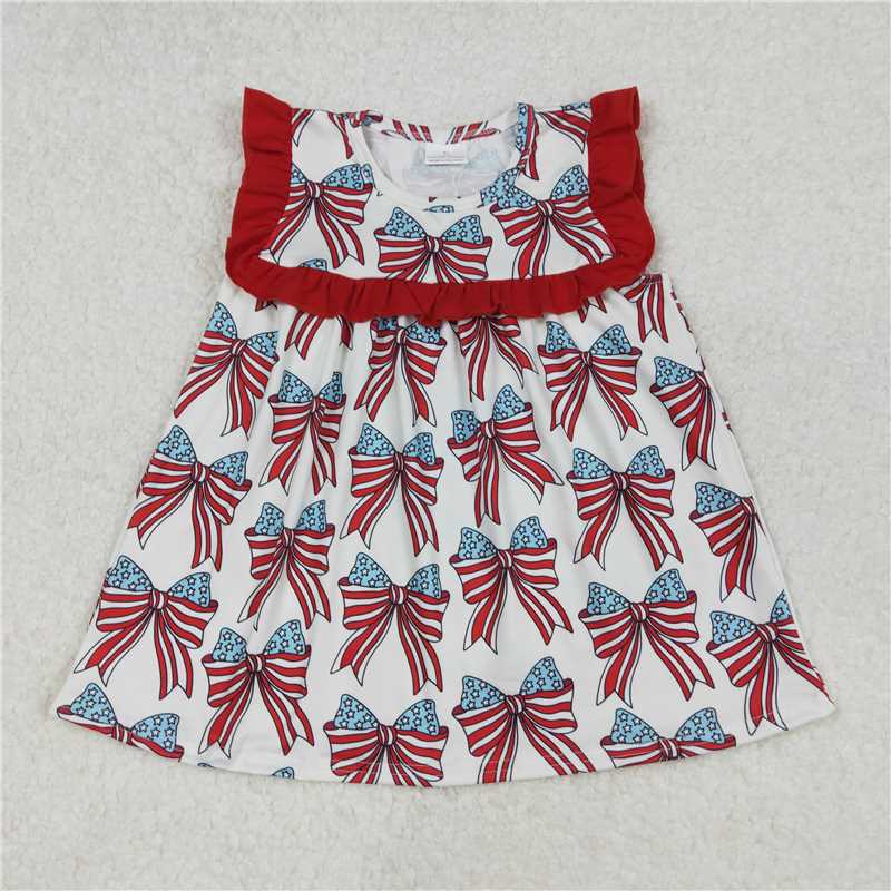 SALES NEW Baby Girls Red Ruffles Tunic Tops with Bow Print for 4th of July Holiday Top