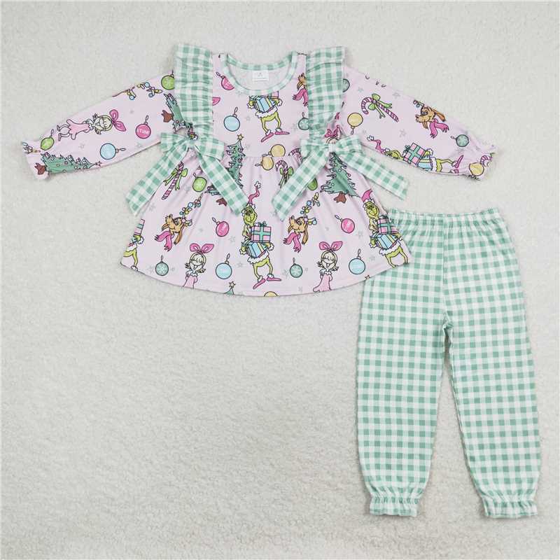 RTS NO MOQ GLP1189 Girls Christmas gift green plaid bow pink long