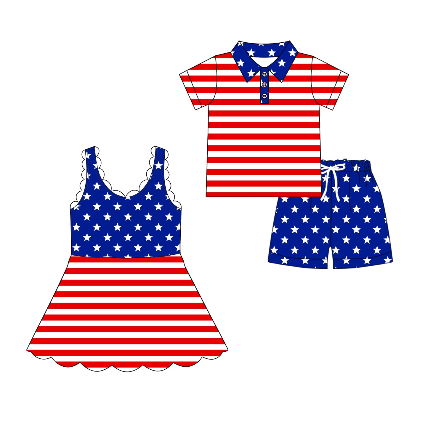 4.13 Custom moq 5 mix size Sibling Baby Boy's Stripe Short-Sleeved Polo Shirt And Shorts Set Girl's Sleeveless Scallop Knee-Length Dress