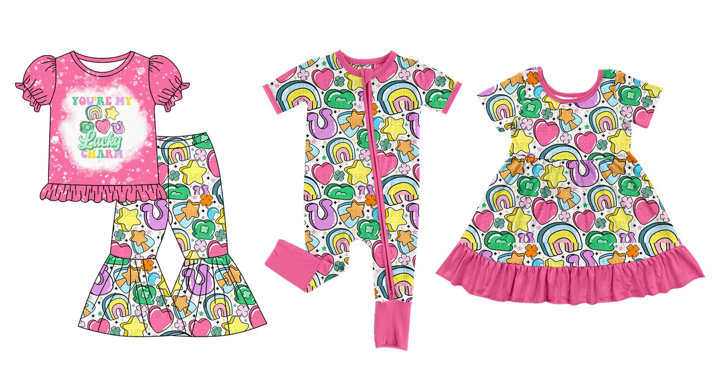 12.6 custom each style moq 5eta 4-6week Sibling Sister LUCKY baby girl sets and dress and rompers match family design