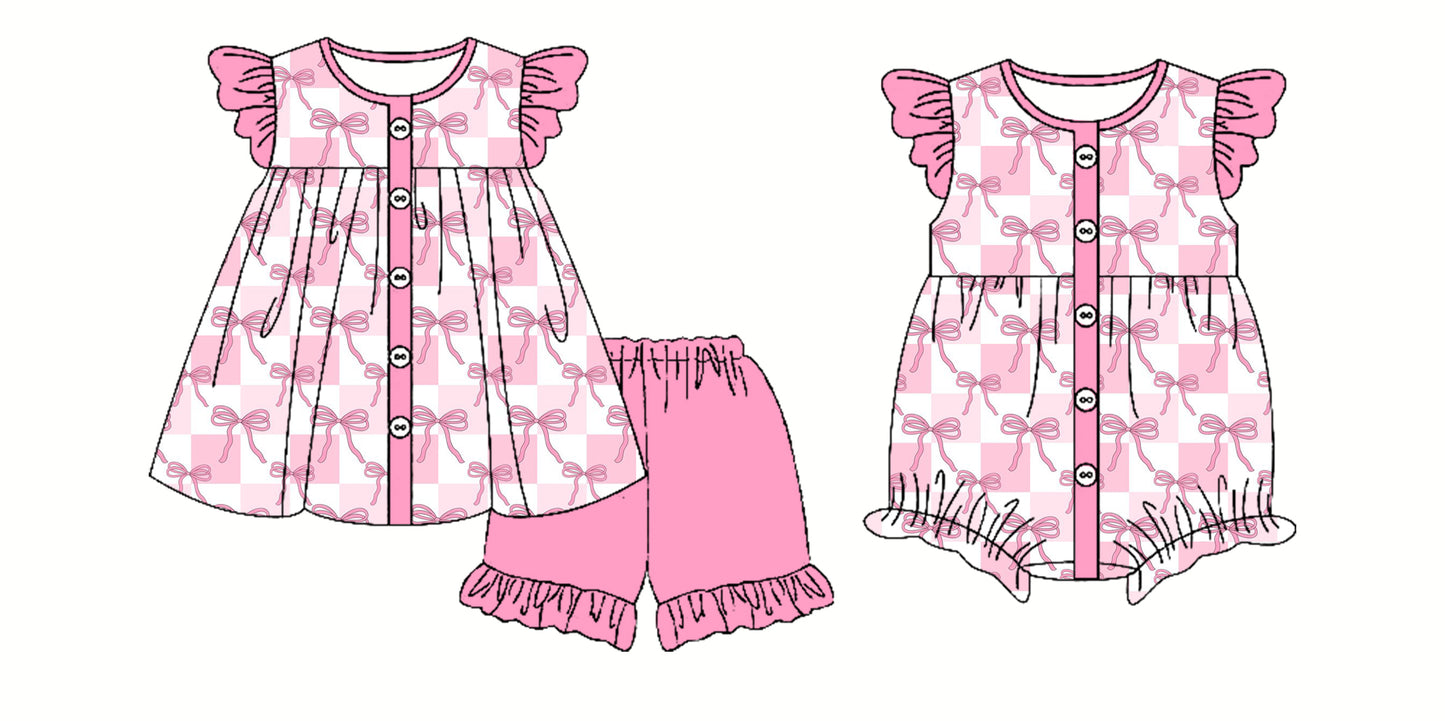 3.29 custom each style moq 5eta 4-6week Sibling Sister bow baby girl short sleeve shorts sets and romper match design