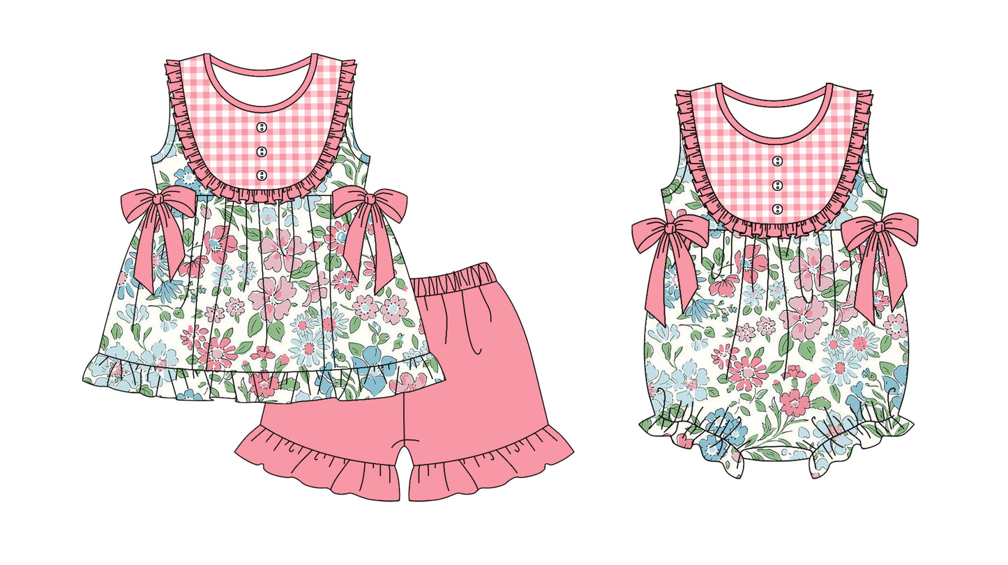 11.19 custom each style moq 5eta 4-6week Sibling Sister floral baby girl short sleeve shorts sets and rompers match design