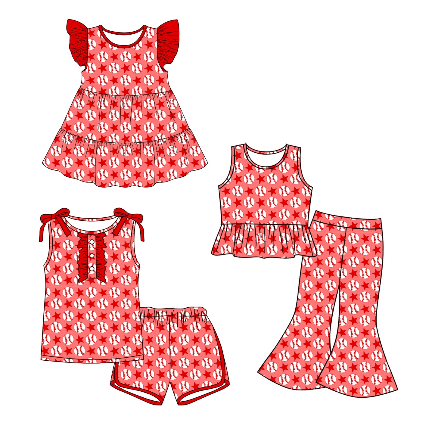 Custom moq 5 mix size Sibling Baby Girl red Flutter-Sleeved Dress Sleeveless Top Shorts Set Or Trousers Set Casual Comfortable Outfit for Little Ones