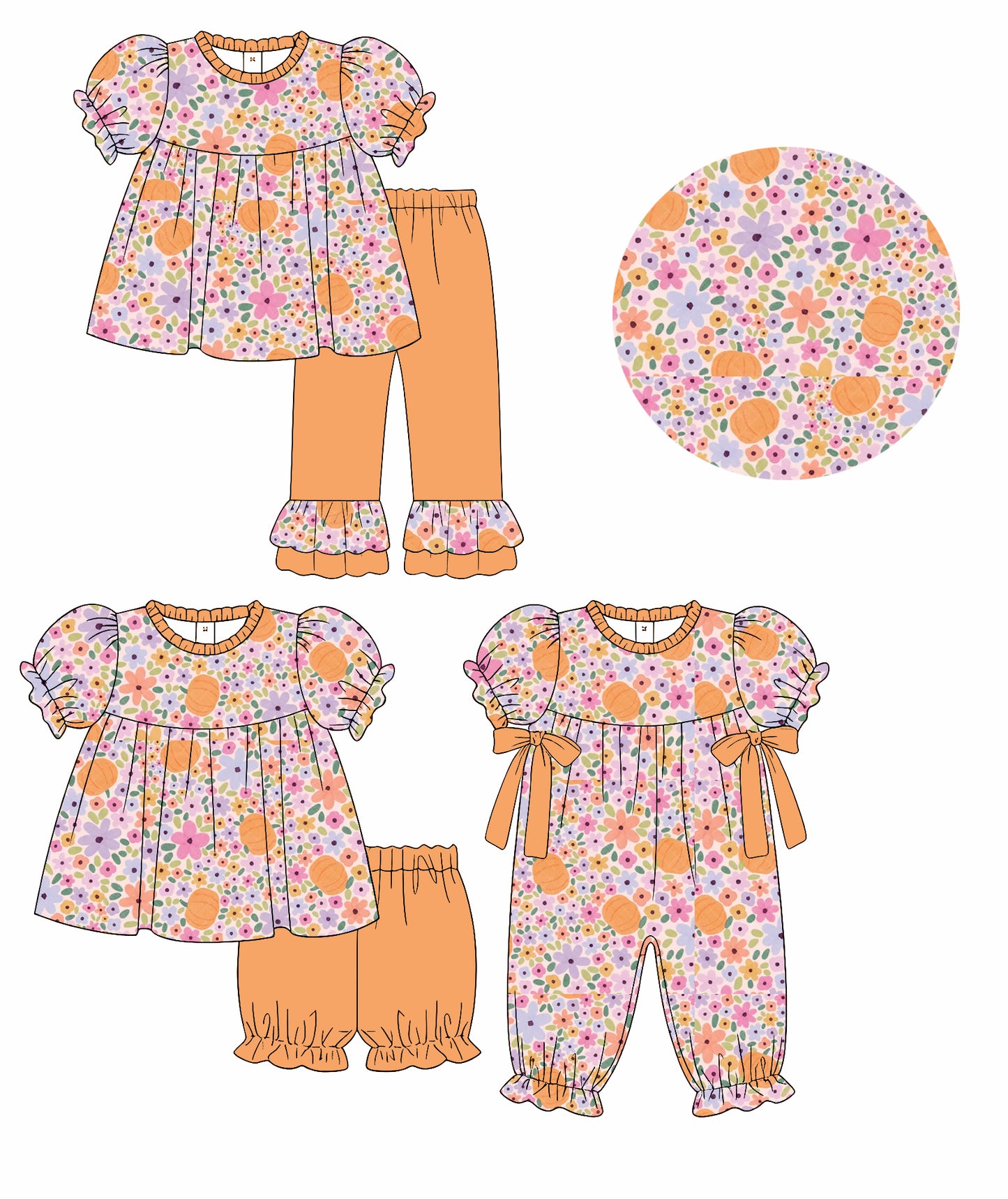 4.15 Custom moq 5 mix size Sibling Baby Girls Halloween Pumpkin Flower Short-Sleeved Top Pants Set Matching Short Sleeve Romper