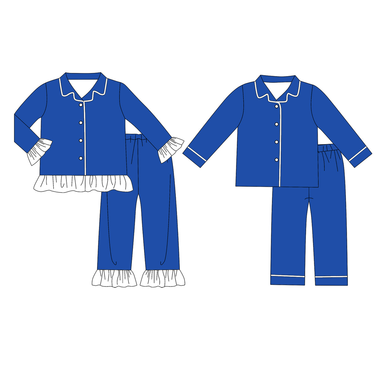 custom moq 5 mix size Baby Boys And Girls Royal Blue Collared Button Down Long Sleeve Top Pant Pajama Set White Ruffle Trim Sleepwear