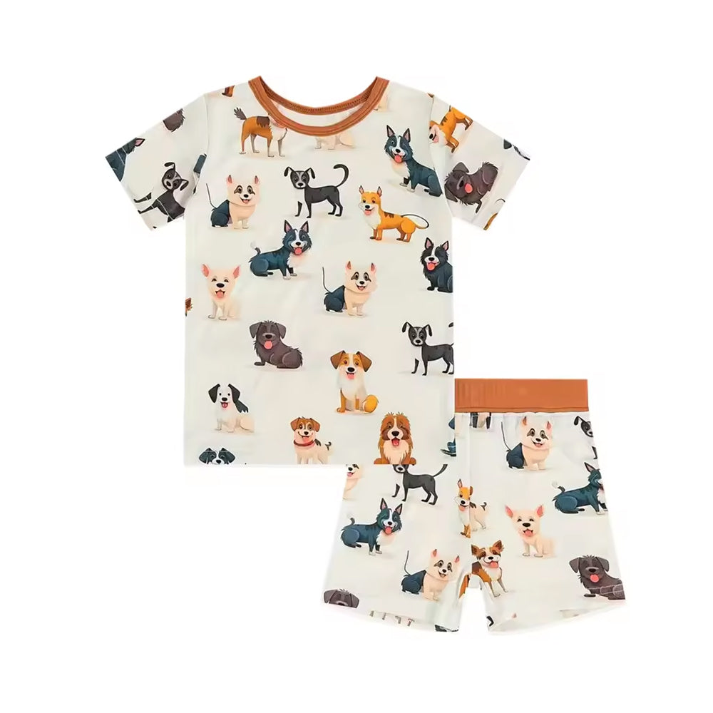 5.16custom each style moq 5eta 4-5week Sibling Sister puppy dog print brown boys outfits and baby romper match family design