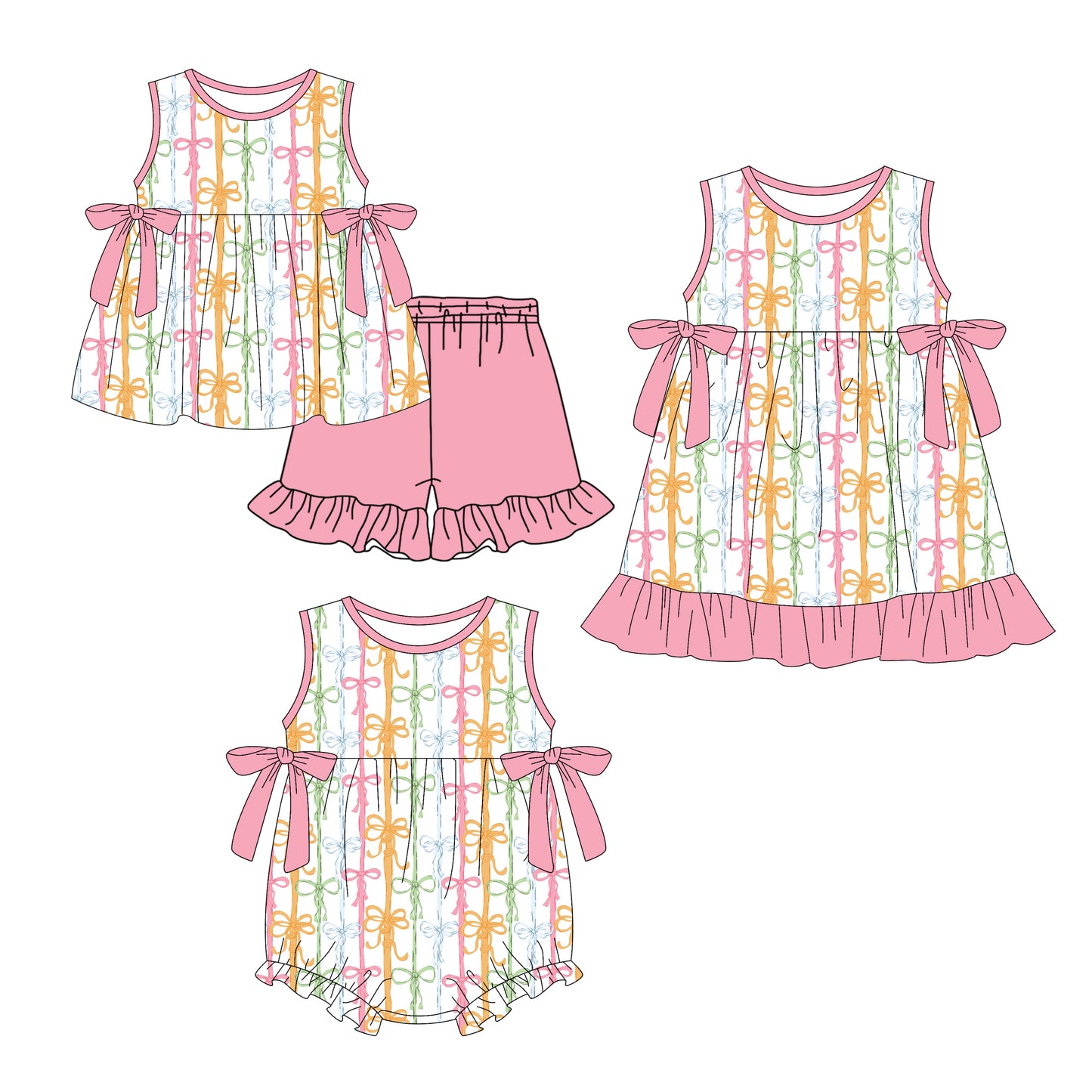 Custom moq 5 mix size Sibling Baby Girl's pink bow Sleeveless Top And Shorts Set Cute Romper Dress for Summer