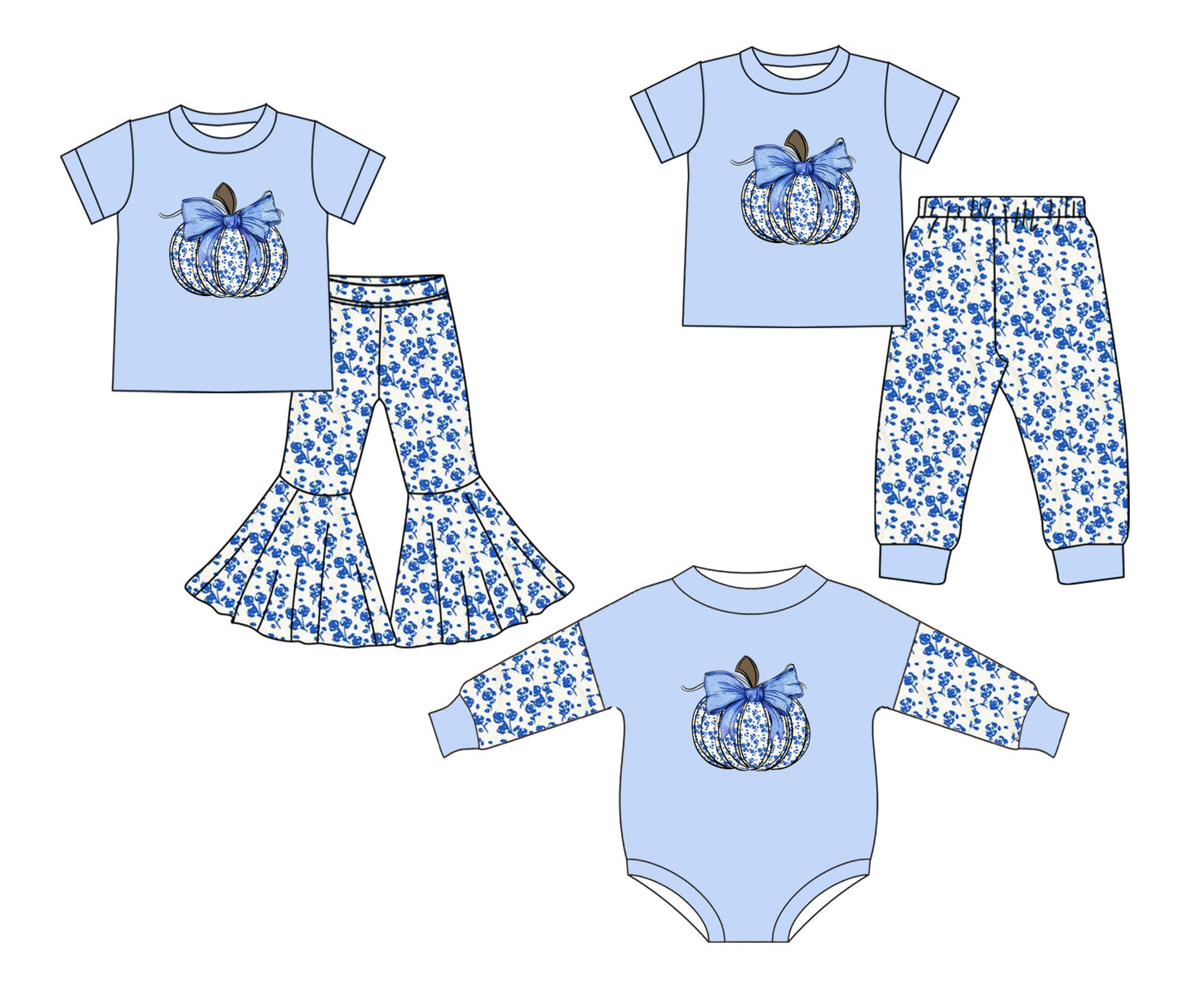 25.5.21 custom each style moq 5eta 4-6week Sibling Sister pumpkin bow floral baby boy short sleeve pants sets and sets 2 and rompers match family design