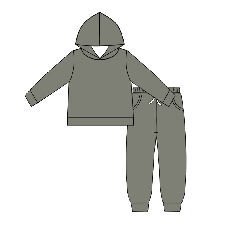 Custom moq 5 Boys blank cotton fabric hoodie joggies Grey-green hooded top and trousers set