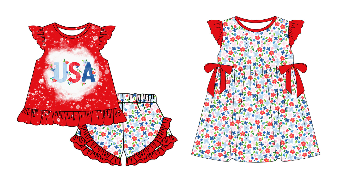 3.16 Custom moq 5 mix size Sibling Baby Girl's 4th of July Flutter Sleeve Top And Ruffle Shorts Set Cute Dress for Summer