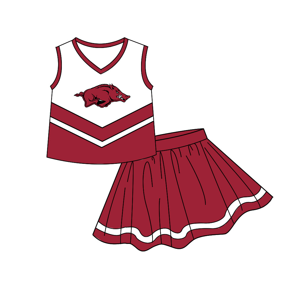 Custom moq 5 mix size milk silk summer teams Baby Girls Cheerleader Sleeveless Red Top Skirt Team Clothes Set