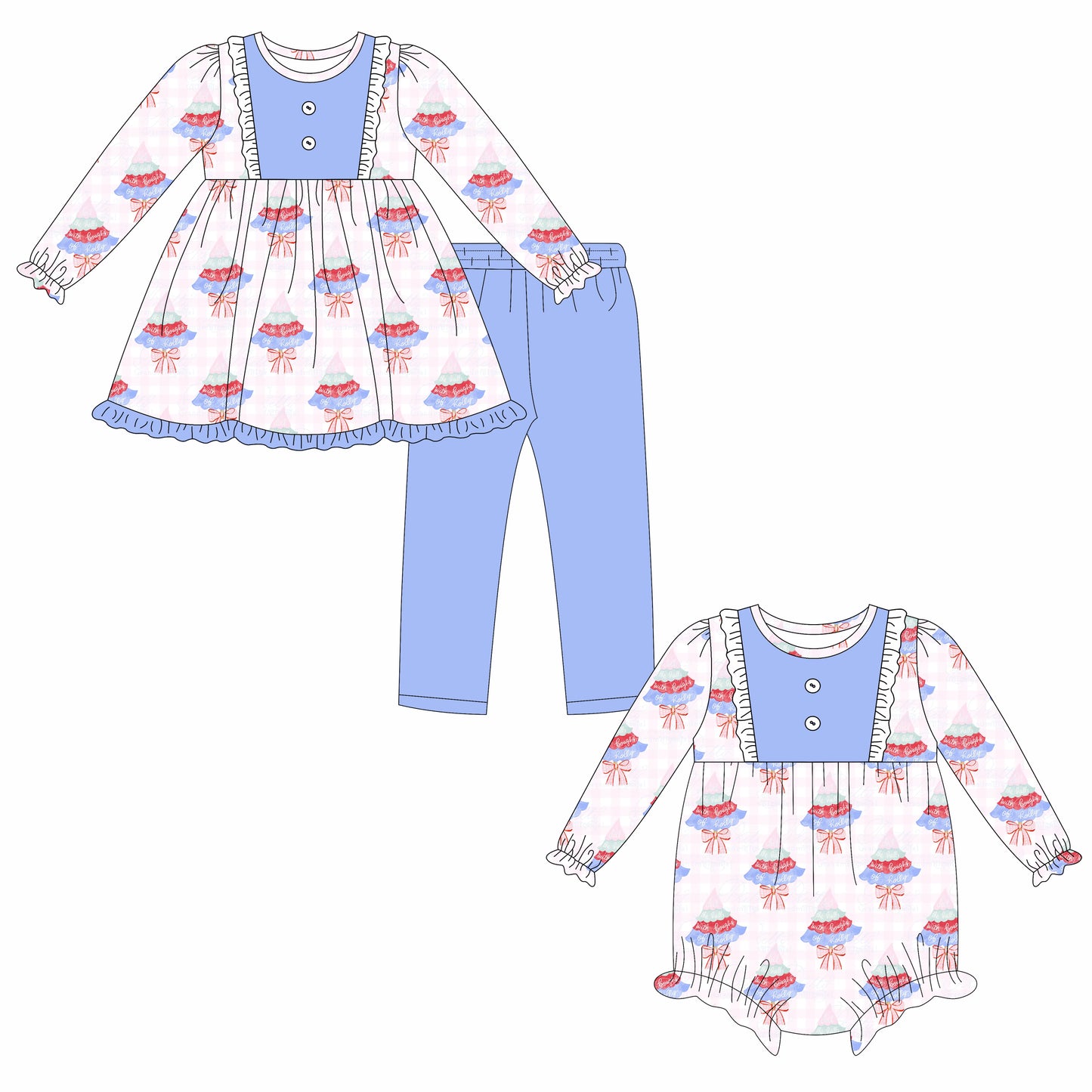 25.6.18 custom each style moq 5eta 4-6week Sibling Sisters Christmas trees baby girl long sleeve pants sets and rompers match family design