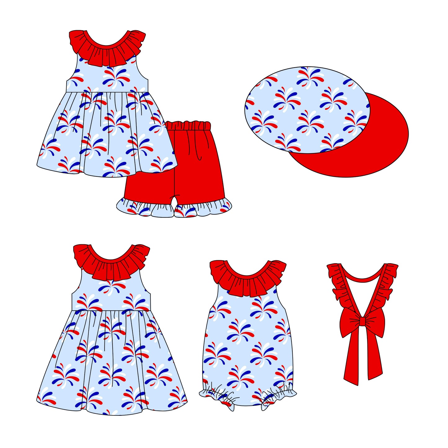12.28 custom each style moq 5eta 4-6week Sibling Sister firework baby girl short sleeve shorts sets and dress and rompers match family design