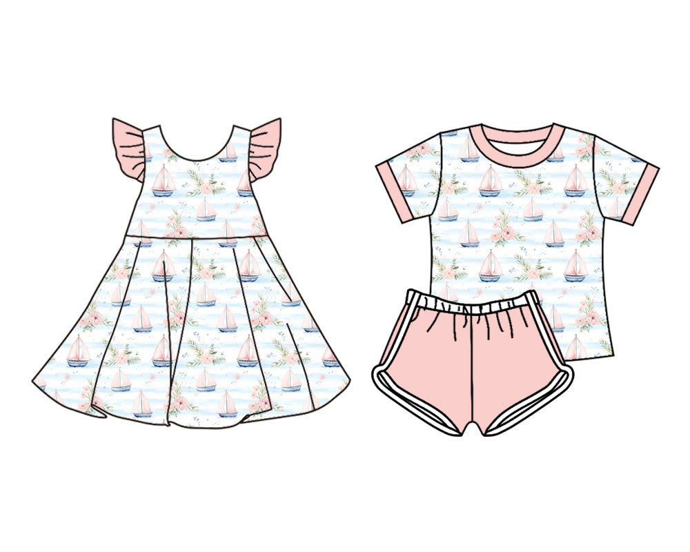 25.11.11 custom each style moq 5 eta 6-8week Sibling Sister boat baby short sleeve shorts sets and dress match design
