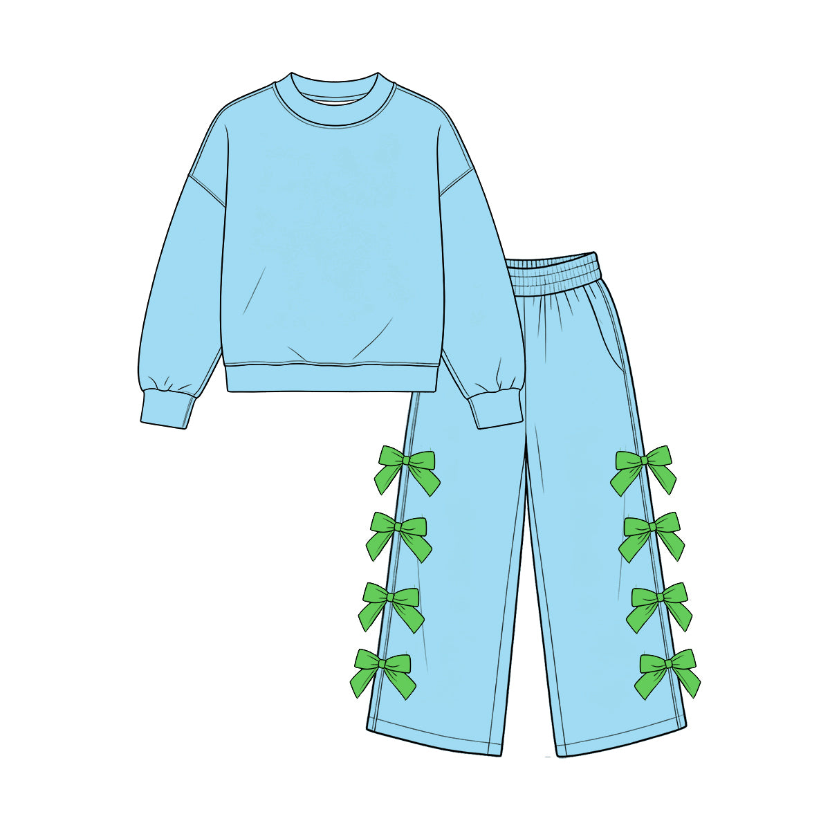 custom moq 5 mix size Baby Girls Sky Blue Long Sleeve Crew Neck Top Green Bow Wide Leg Pants Two Piece Set