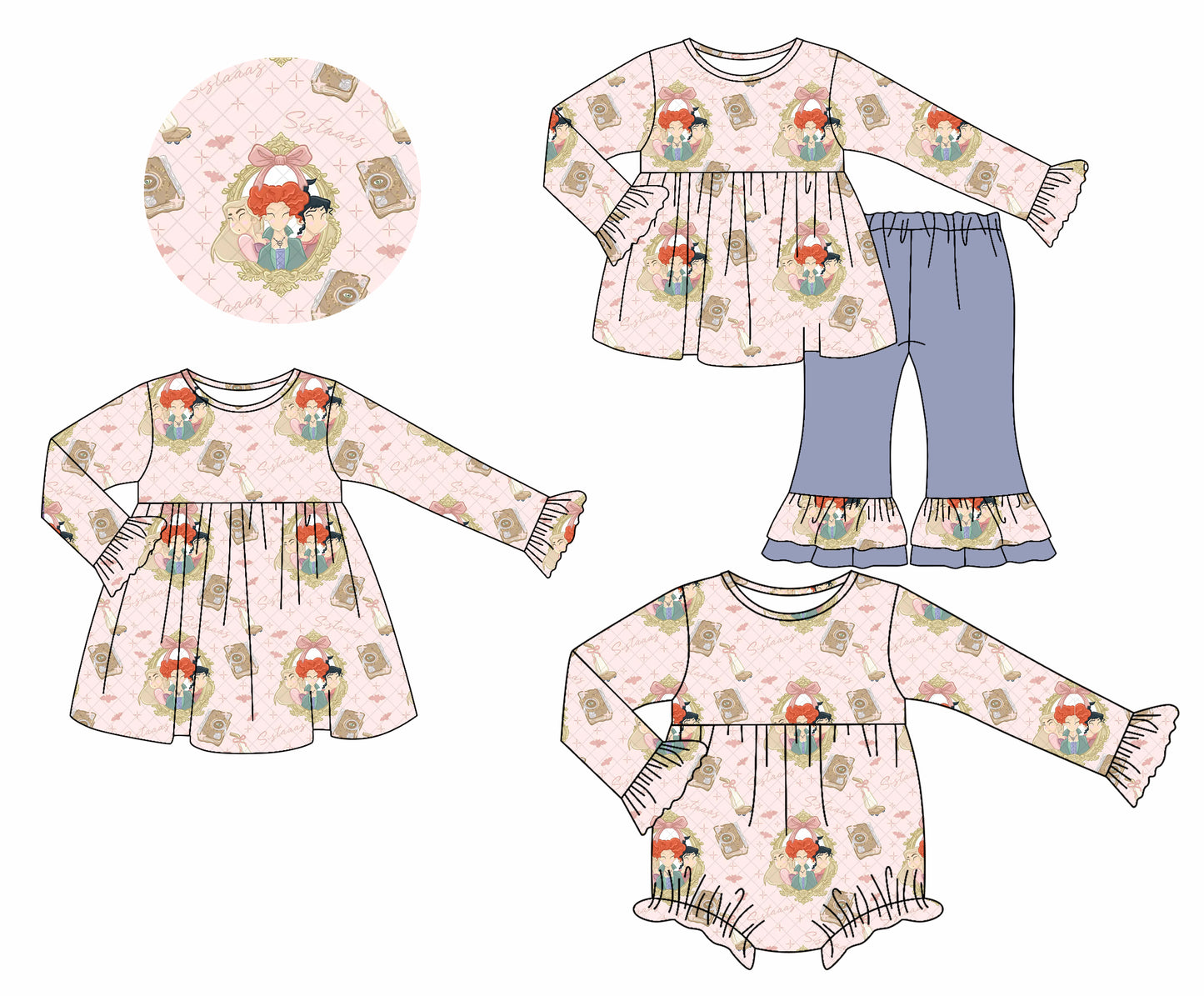 25.7.11 custom each style moq 5eta 4-6week Sibling Sisters baby girl long sleeve pants sets and dress and rompers match family design