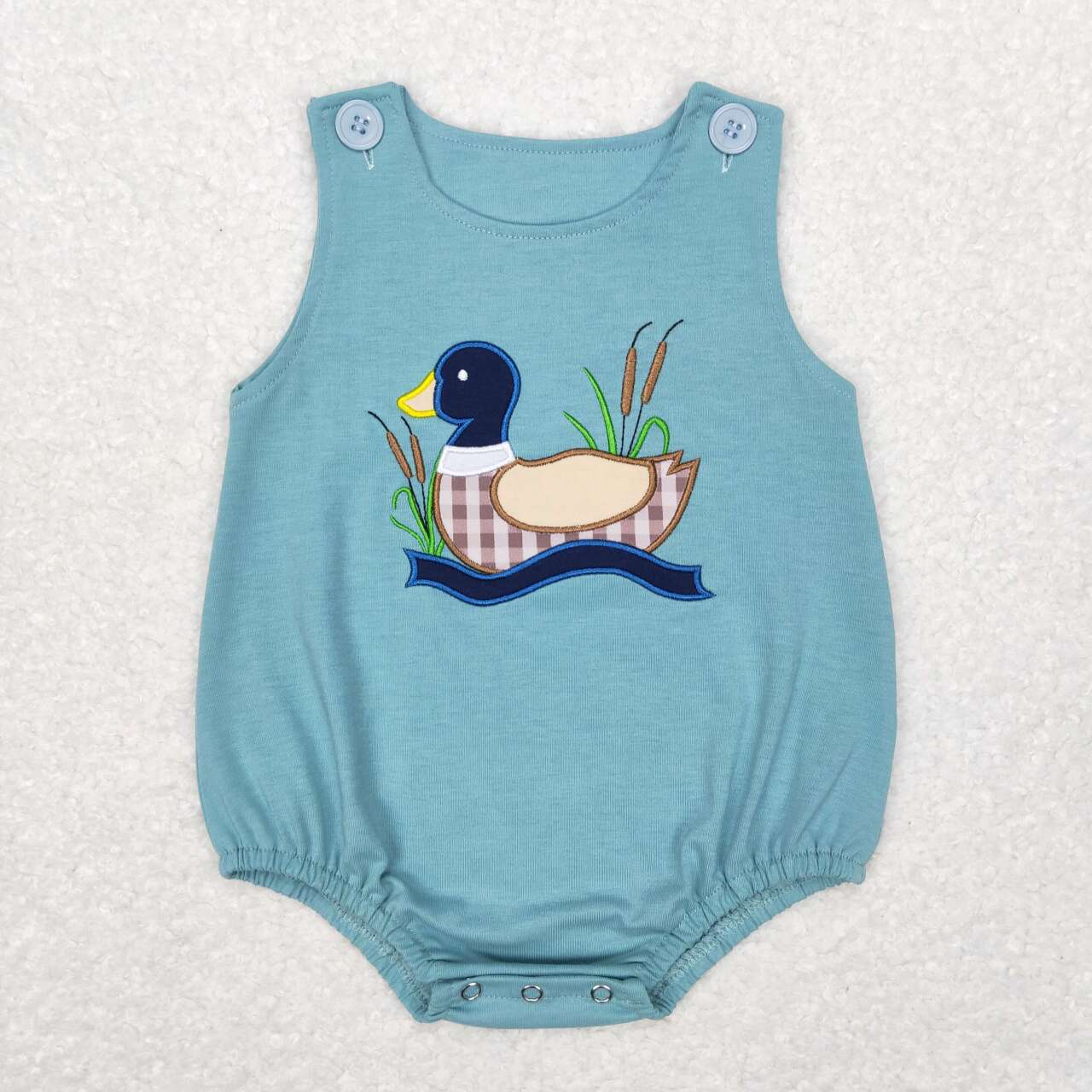 RTS NO MOQ(In Stock) Embroidered Plaid Duck Blue Short Sleeve Jumpsuit