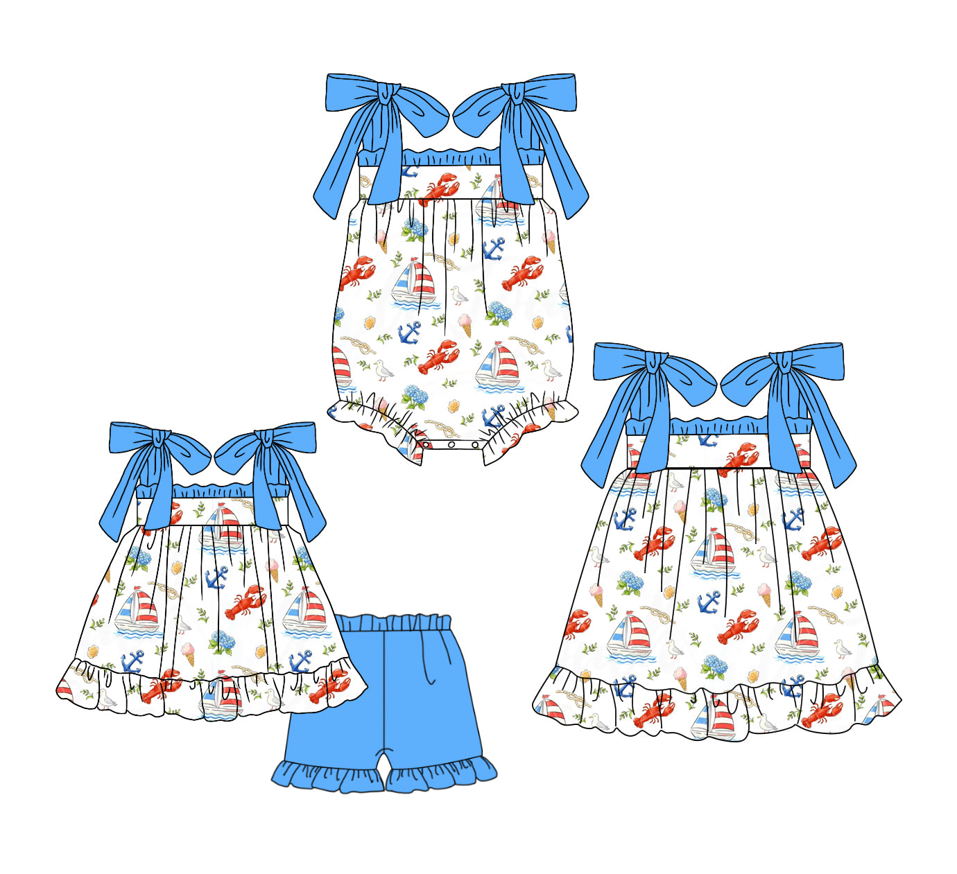 3.23 Custom moq 5 mix size Sibling Baby Girl's Flowers Strap Top And Blue Short Set Cute Romper Dress for Summer