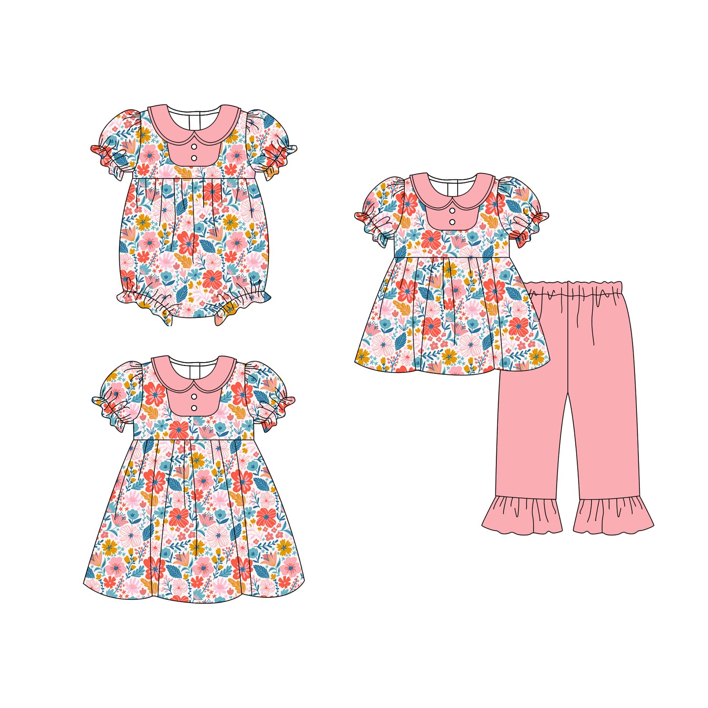 25.10.18 custom each style moq 5 eta 6-8week Sibling Sisters floral baby girl short sleeve pants sets and dress and rompers match family design