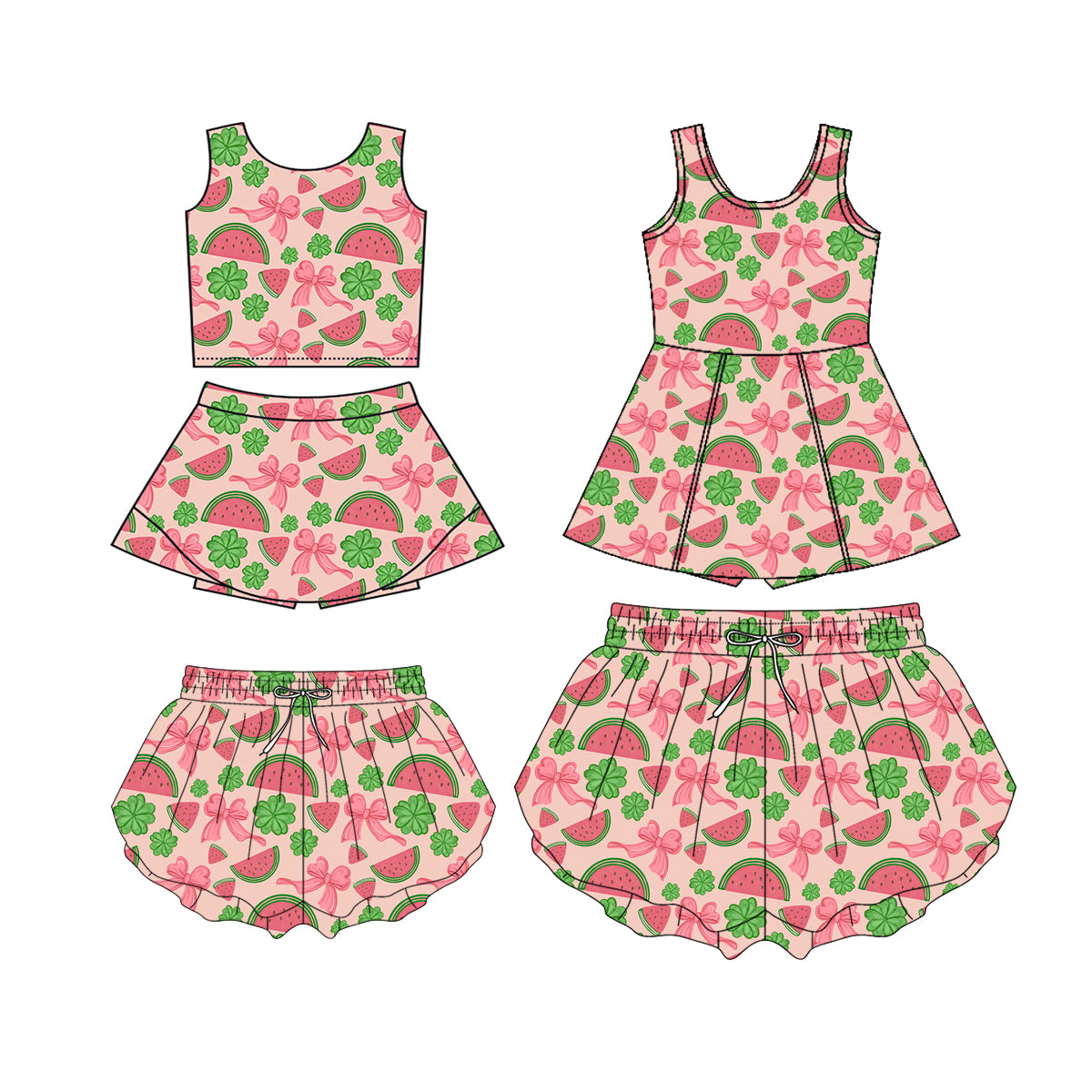 Custom moq 5 mix size Sibling Baby Girl's Watermelon Print Sleeveless Top And Skirt Yoga Set Yoga Dress with Shorts Mom And Me yoga shorts