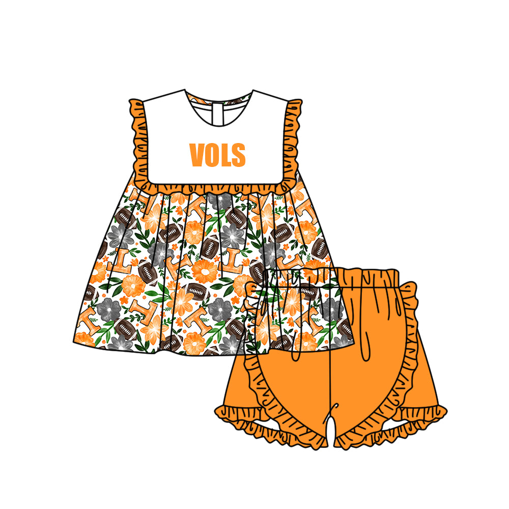 Custom moq 5 mix size milk silk summer teams Baby Girl Orange Sleeveless Top And Shorts Set Sleeveless Skirt Set Yoga Dress Romper