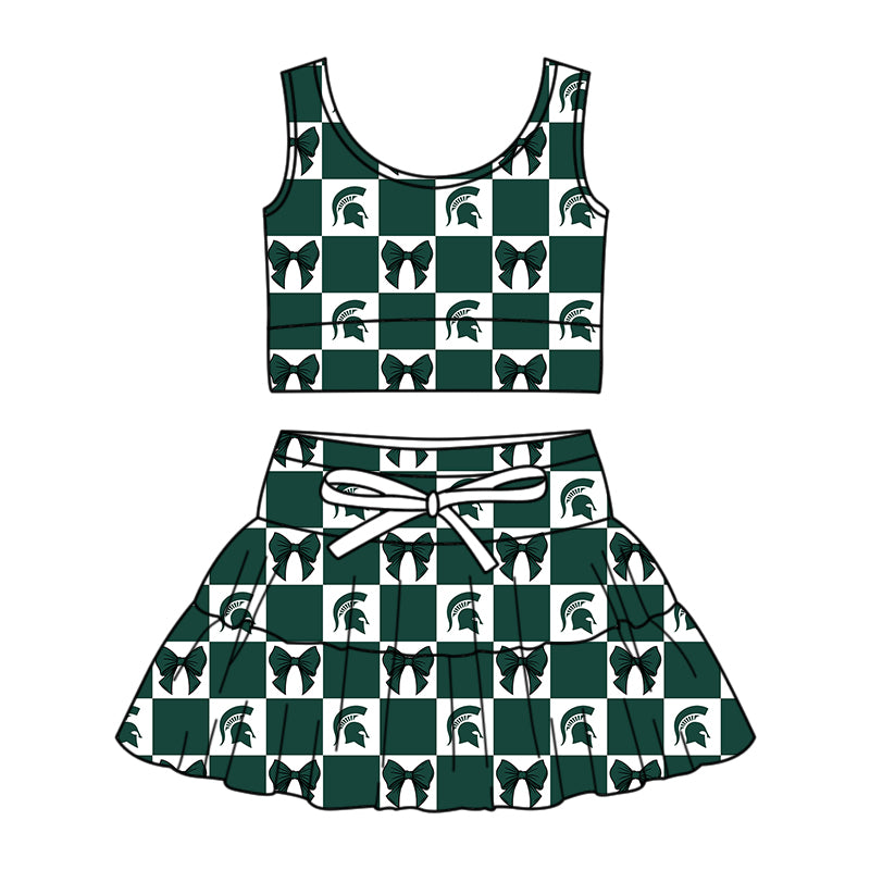 Custom moq 3 or 5 mix size milk silk summer teams baby girl clothes bow dark green sleeveless skirts sets-26.1.21