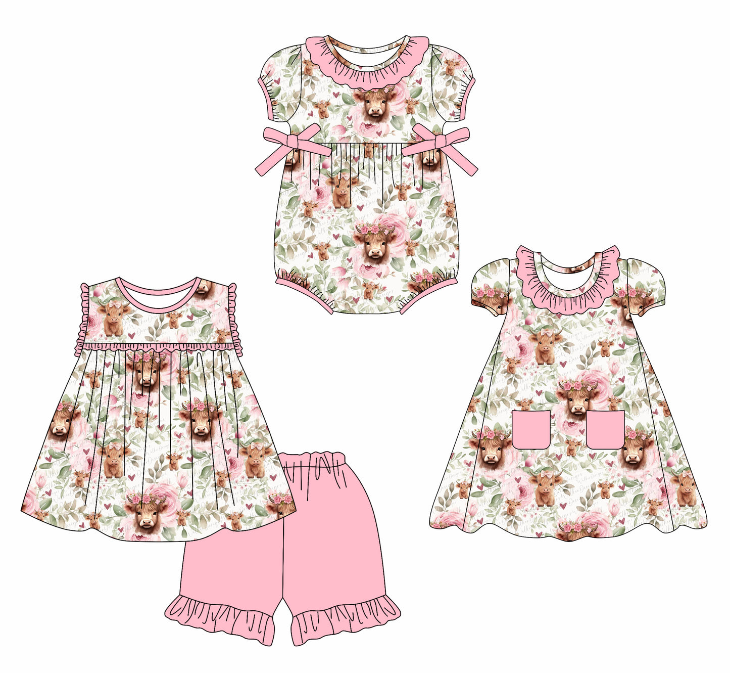 2.15 custom each style moq 5eta 4-6week Sibling Sisters alpine floral baby girl short sleeve shorts sets and dress and rompers match family design