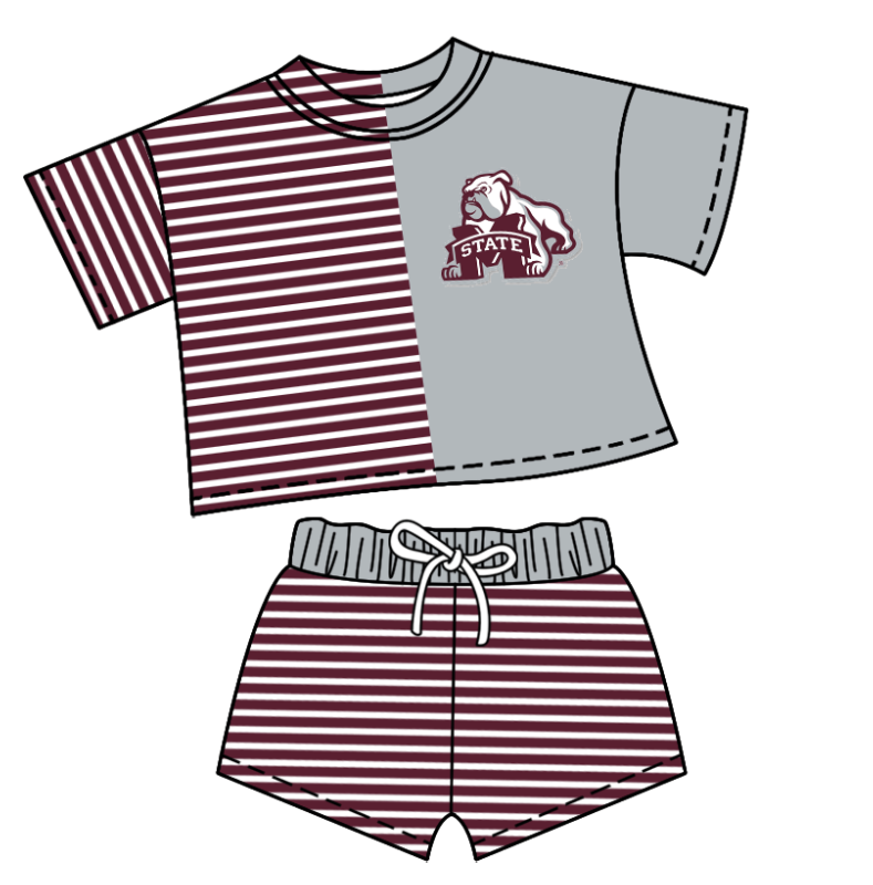 Custom moq 5 mix size milk silk summer teams Children's grey Striped Outfit Set Short-Sleeved Crew Neck Top And Drawstring Shorts for Kids
