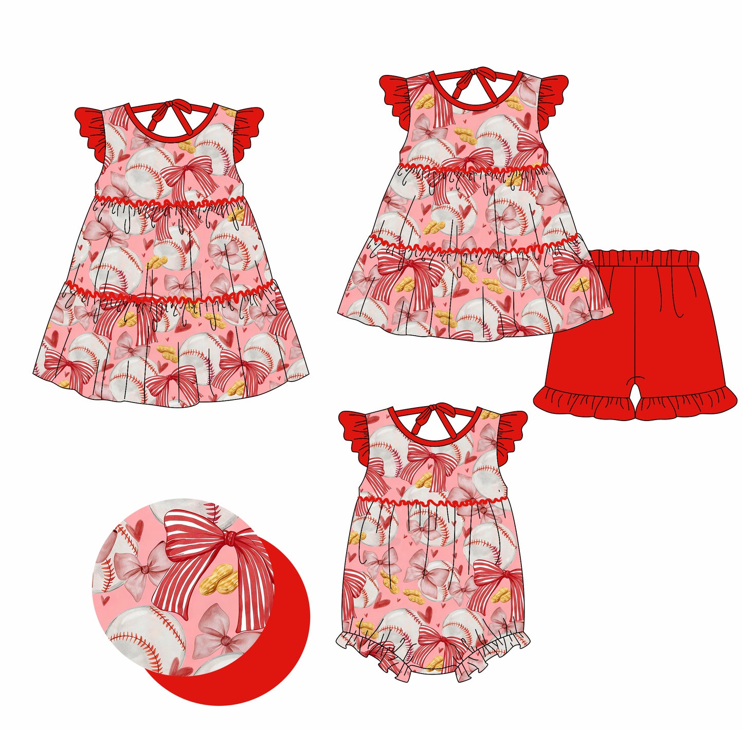 Custom moq 5 mix size Red Baseball Print Baby Girls' Outfit Set Top Shorts Dress Romper Set for Little Girls