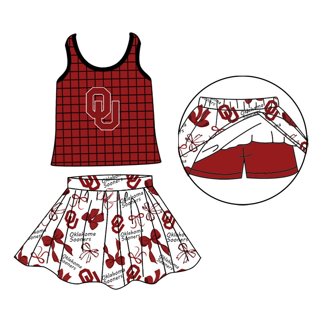Custom moq 5 mix size milk silk summer teams Baby Girls Summer Sleeveless Red Plaid Top Letter Bow Skort Sets