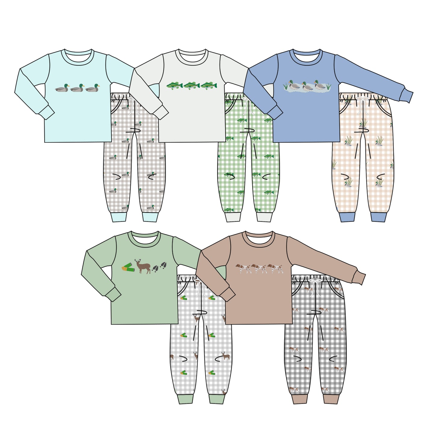 4.15 Custom moq 5 mix size Sibling Baby Boys Deer Ducks Checked Hunting Long Sleeve Checked Pant Set