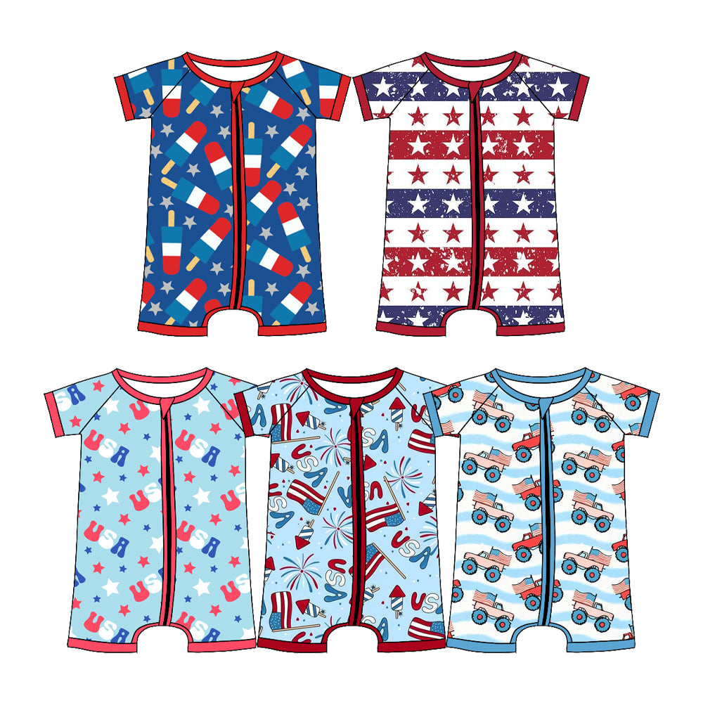 Custom moq 5 mix size Sibling Baby Boy Zippered Romper 4th of July Short-Sleeved Outfit for Infants