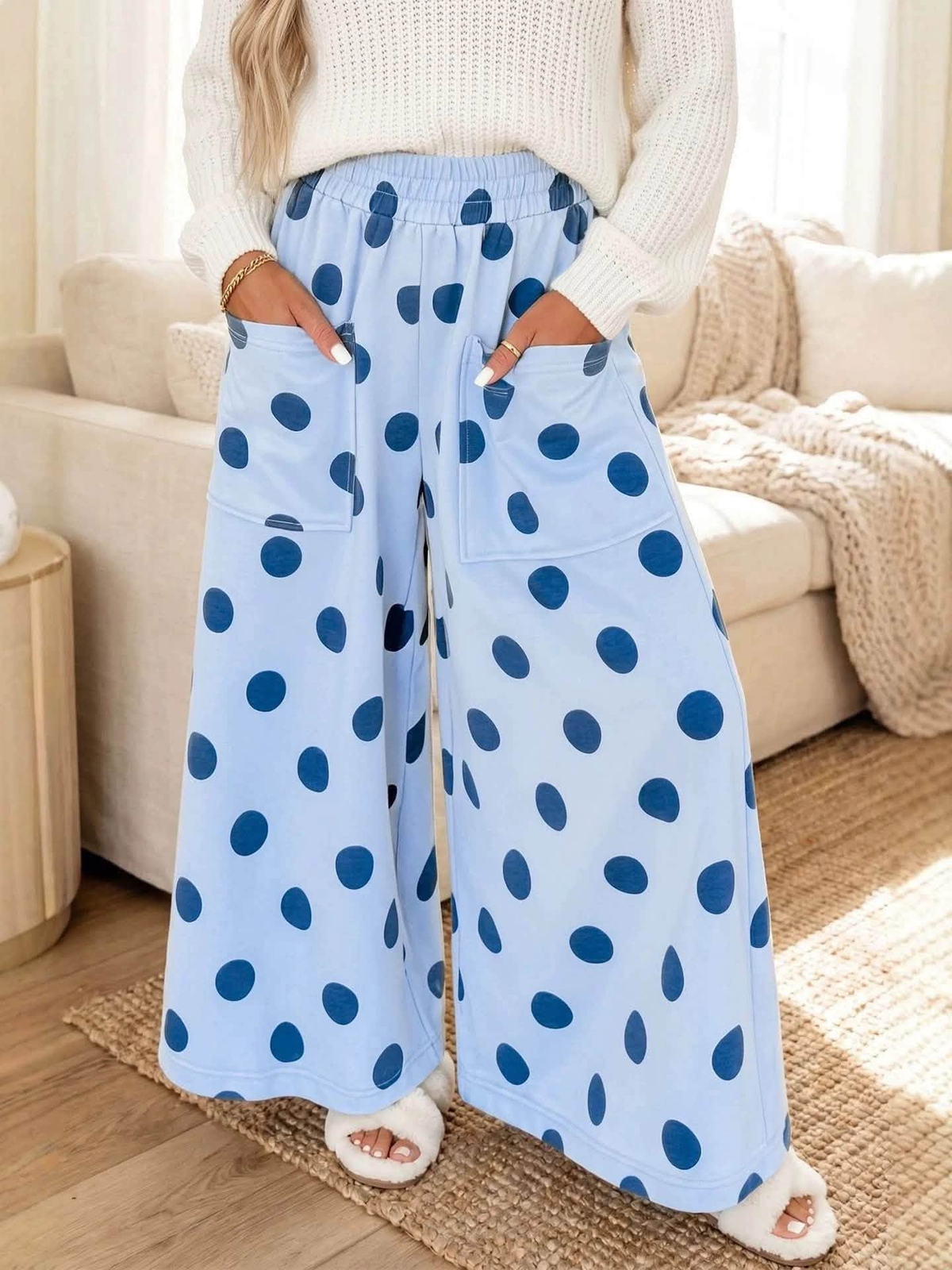 custom moq 5 mix size MYMSWN0107 Adult Polka Dot Wide Leg Pants Elastic Waist Front Pockets Casual Trousers