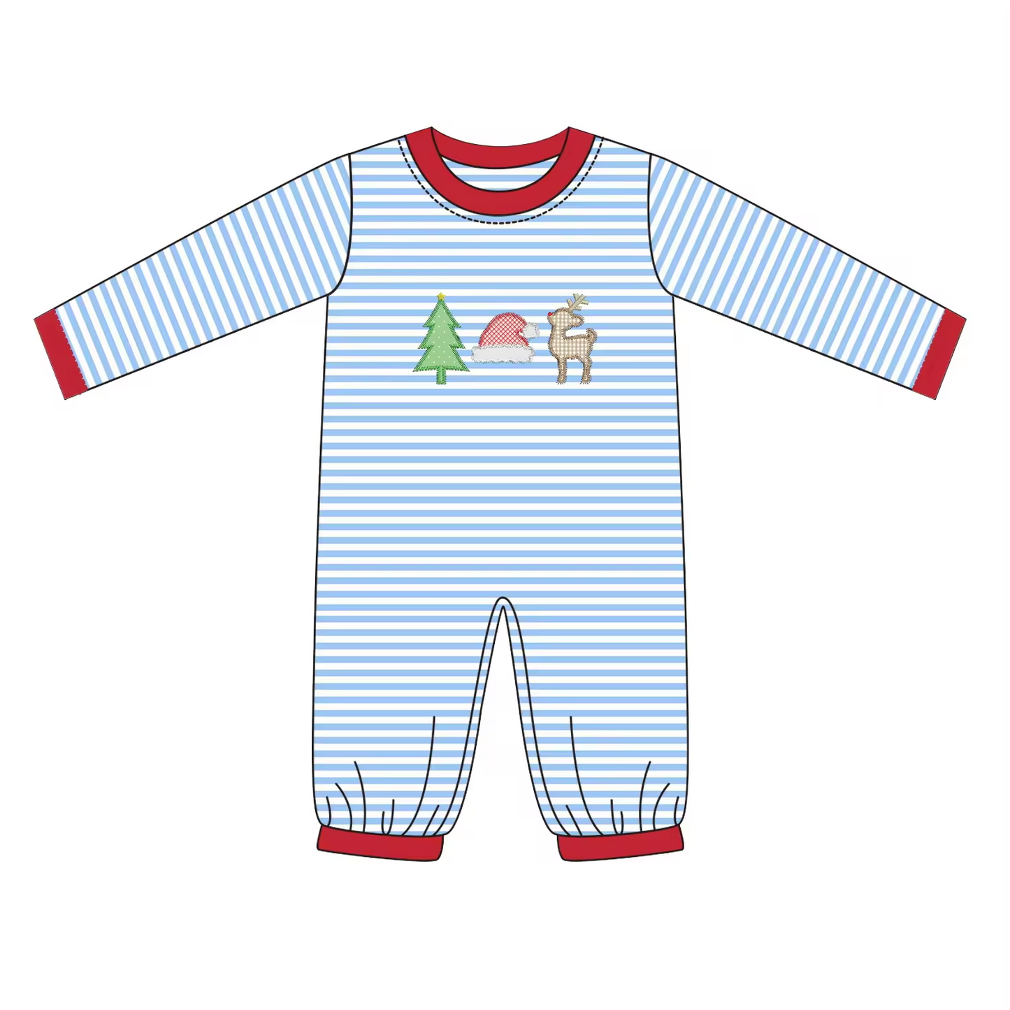 Custom moq 3 eta 6-8 weeks Embroidered Christmas tree-hat-deer pattern red collar blue striped long romper