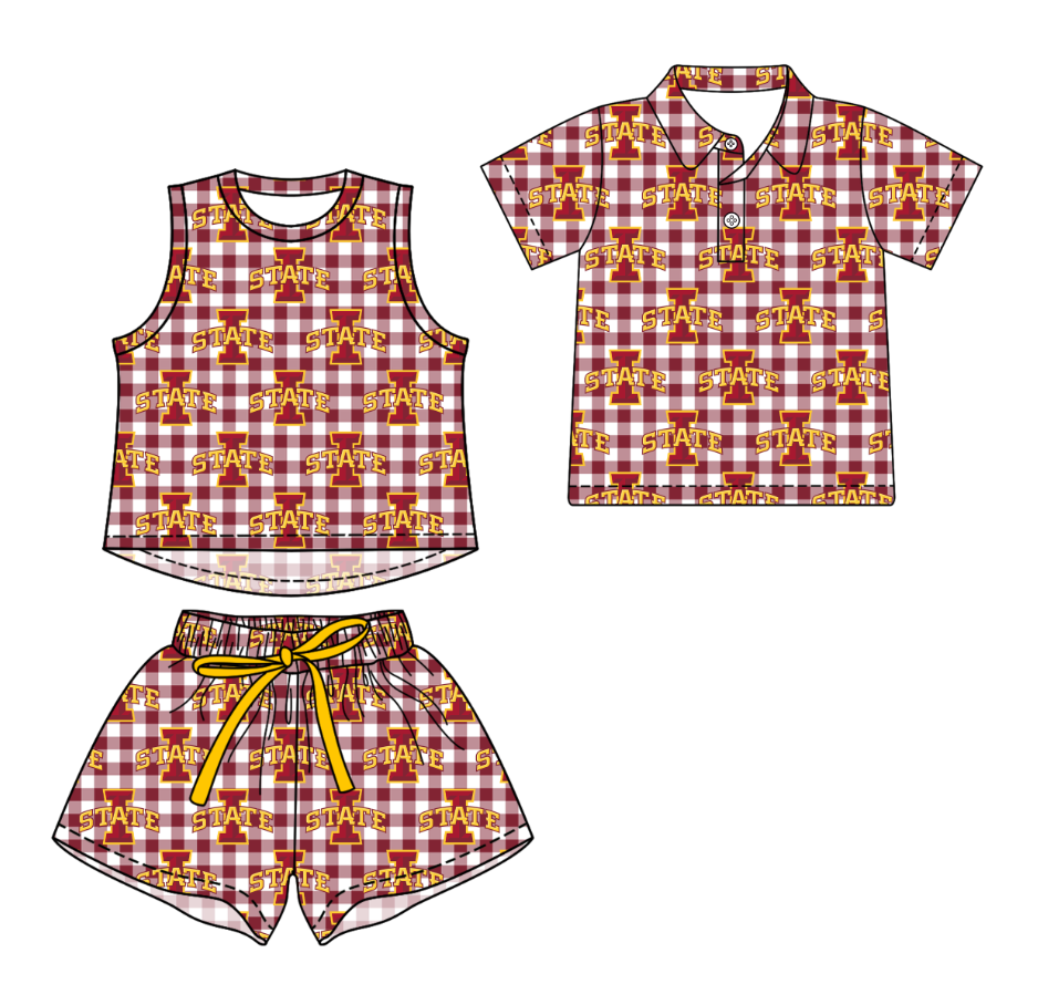 Custom moq 5 mix size milk silk summer teams Checked Girls Red Sleeveless Top And Short Sets Boys Short Sleeve Button Polo Shirt Top