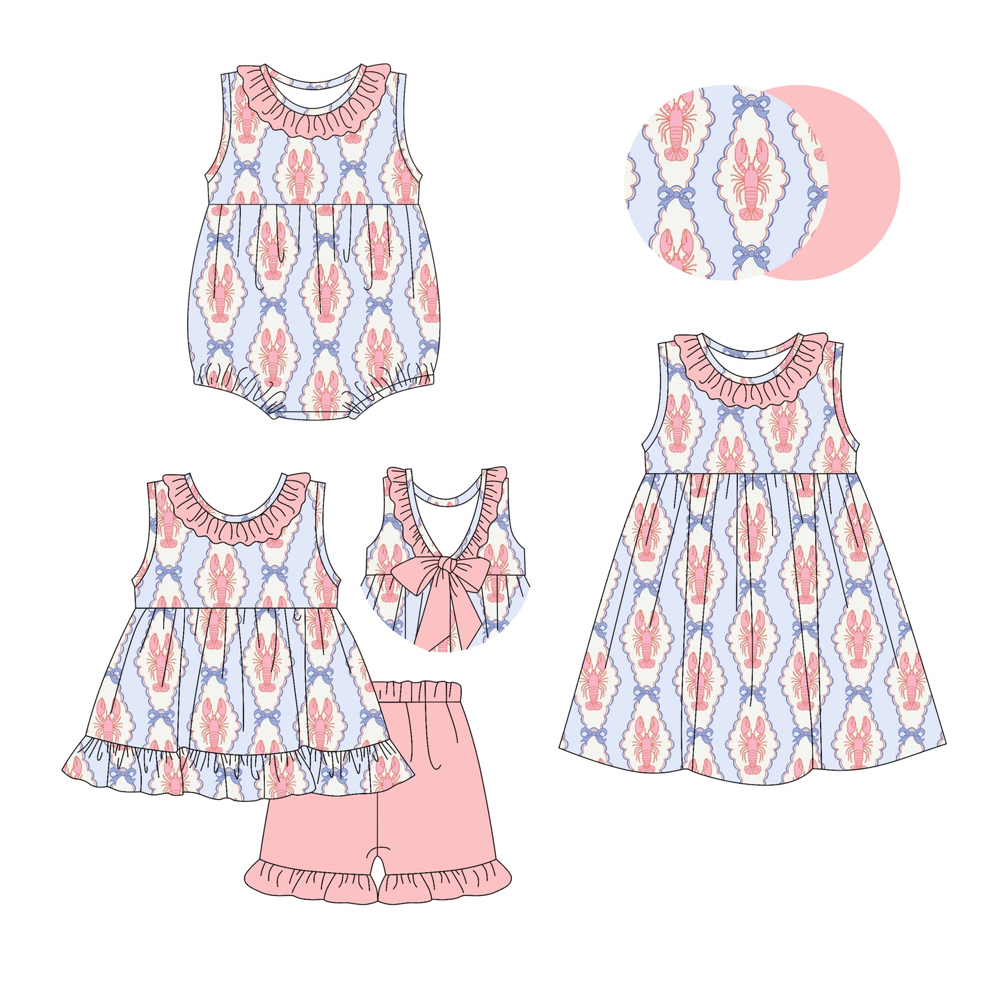 2.25 custom each style moq 5eta 4-6week Sibling Sisters crayfish bow baby girl short sleeve shorts sets and dress and rompers match family design