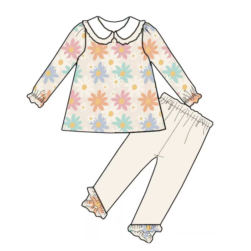 Custom moq 3 eta 6-8weeks Irregular Color Daisy Beige Doll Collar Long Sleeve Suit