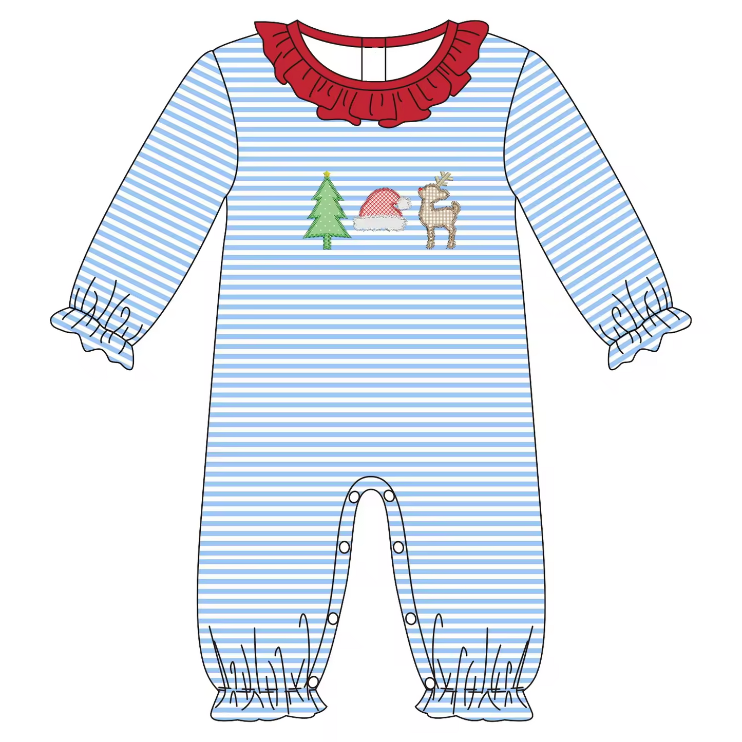 Custom moq 3 eta 6-8 weeks Embroidered Christmas tree-hat-deer pattern Red ruffled lace collar Elastic cuffs Blue striped long romper