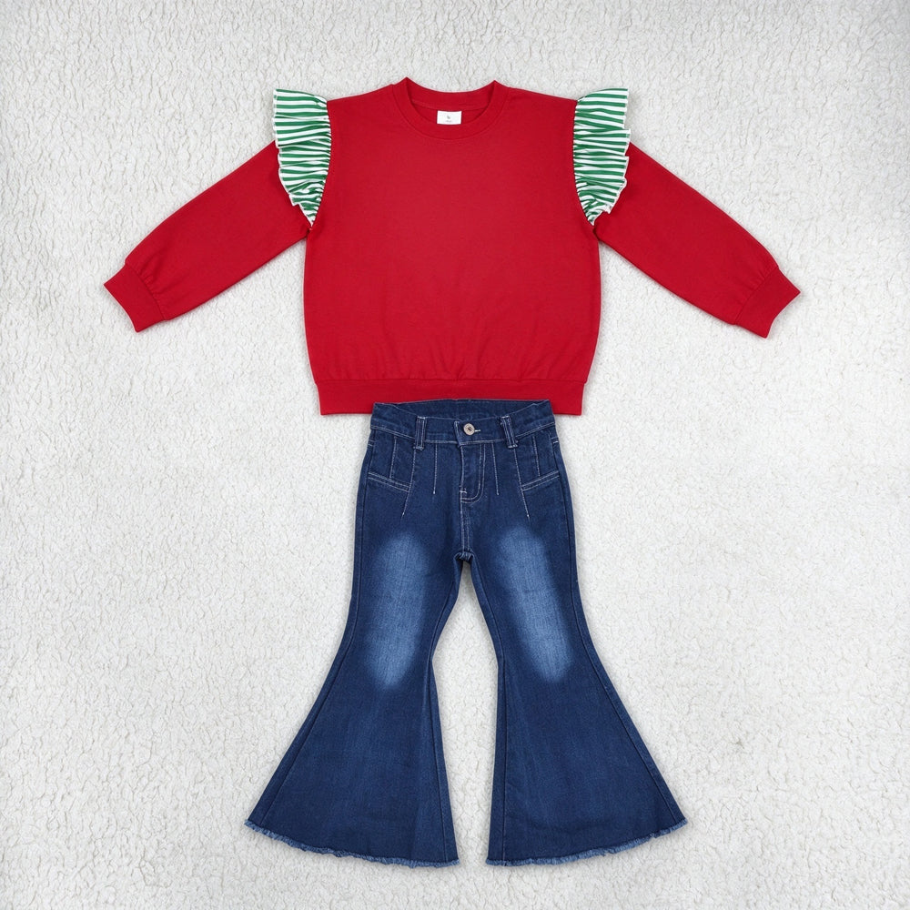 NEW RTS NO MOQ Denim GT1844+ P0457 Baby Girls Green White Striped Ruffle Shoulder Long Sleeve Red Top Bell Bottom Flare Jeans Outfit