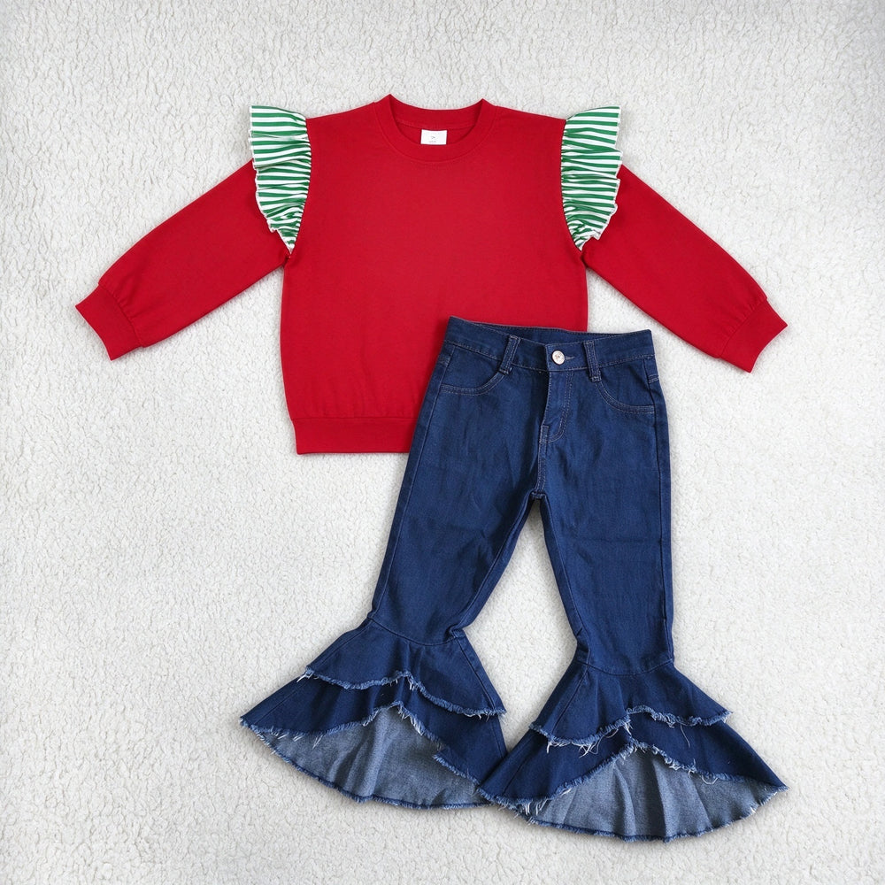 NEW RTS NO MOQ Denim GT1844+ P0007 Baby Girls Red Top Green White Stripe Ruffle Shoulder Shirt navy double ruffle bell pants denim jeans Set