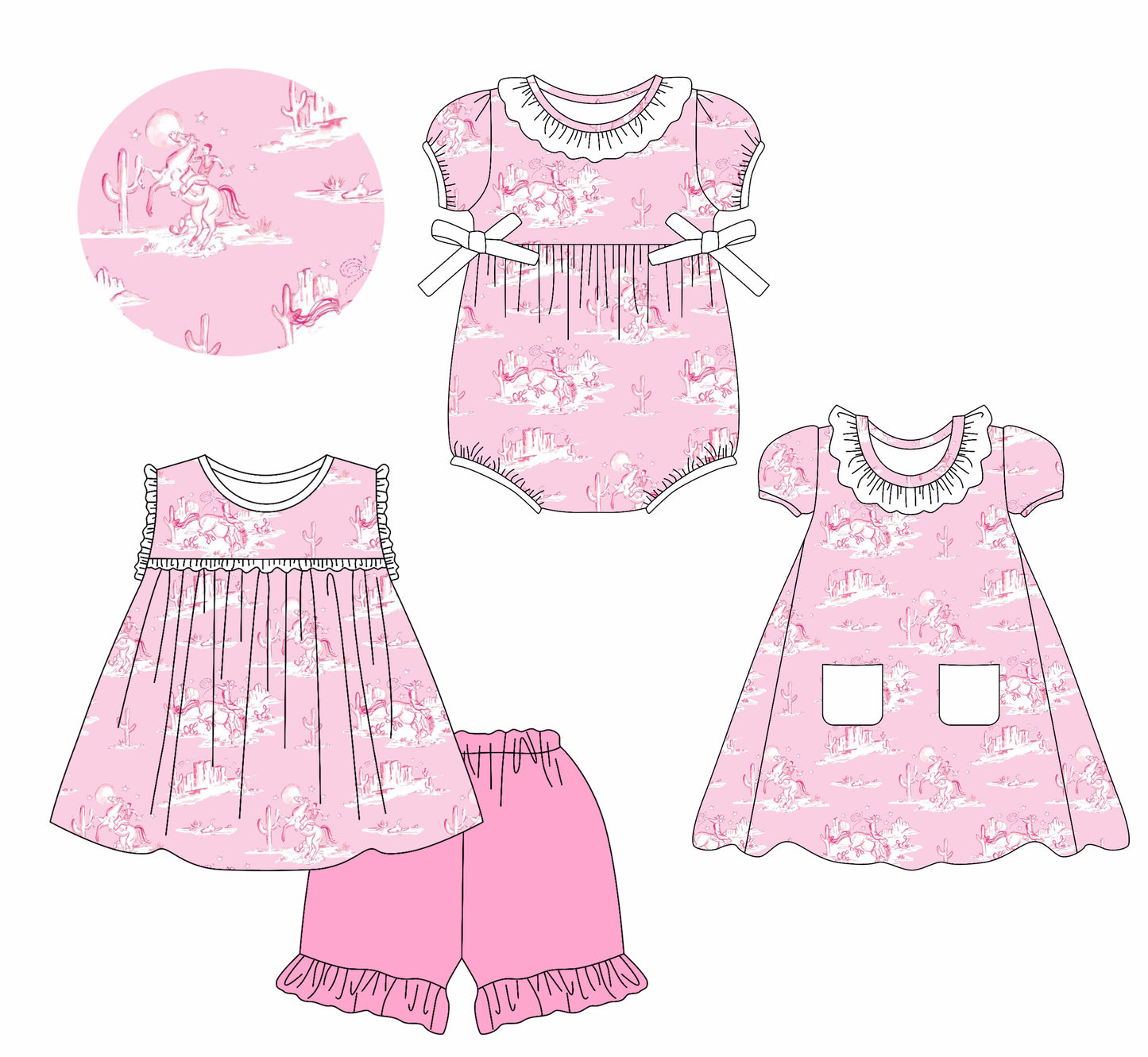 2.14 custom each style moq 5eta 4-6week Sibling Sisters riding horse baby girl short sleeve shorts sets and dress and rompers match family design