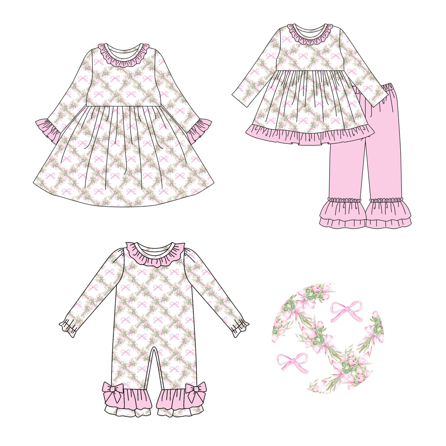 25.7.24 custom each style moq 5eta 4-6week Sibling Sisters floral bow baby girl long sleeve pants sets and dress and rompers match family design