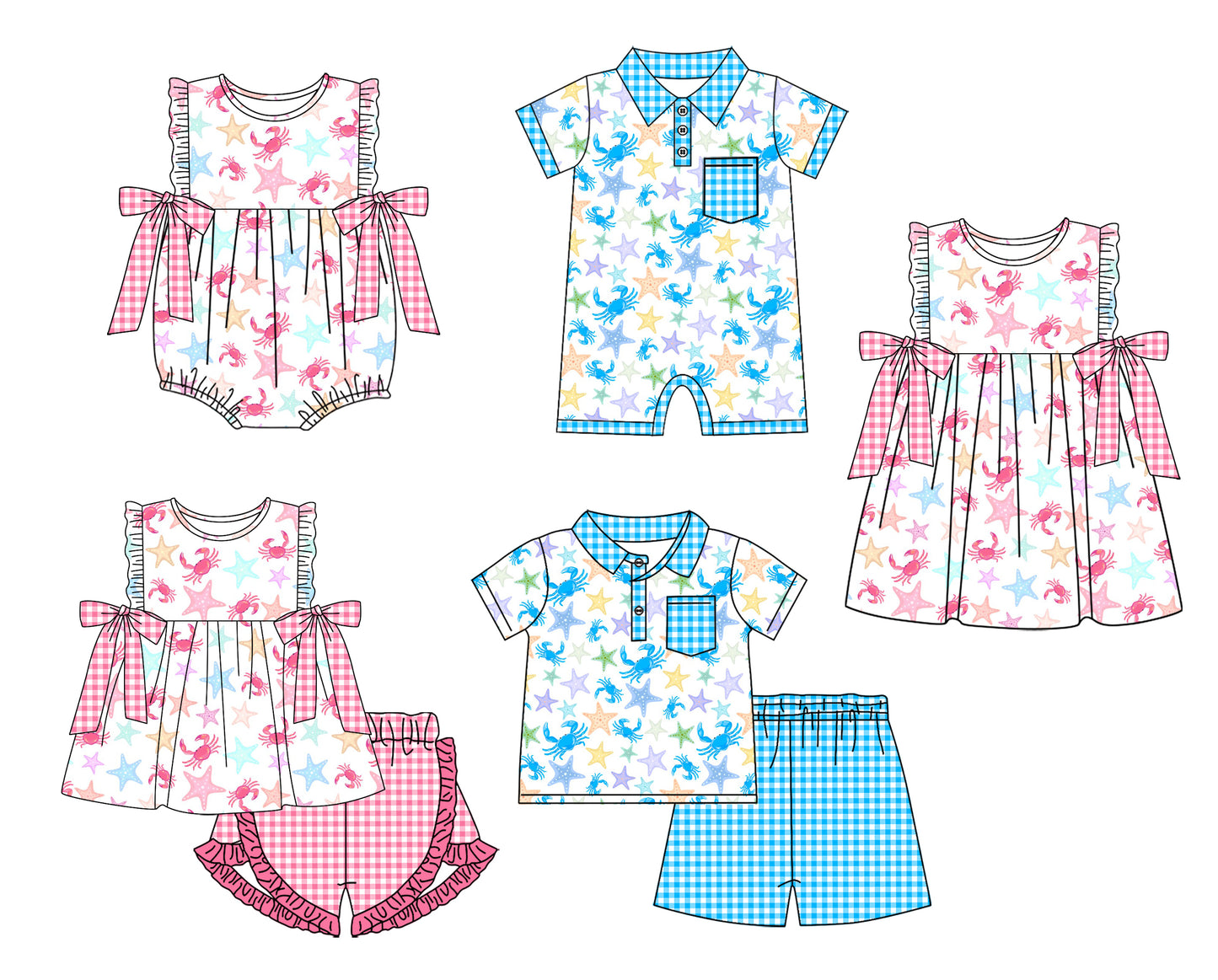 12.3 custom each style moq 5eta 4-6week Sibling Sister starfish crab baby girl short sleeve shorts sets and sets 2 and girls romper and boy romper and dress match design