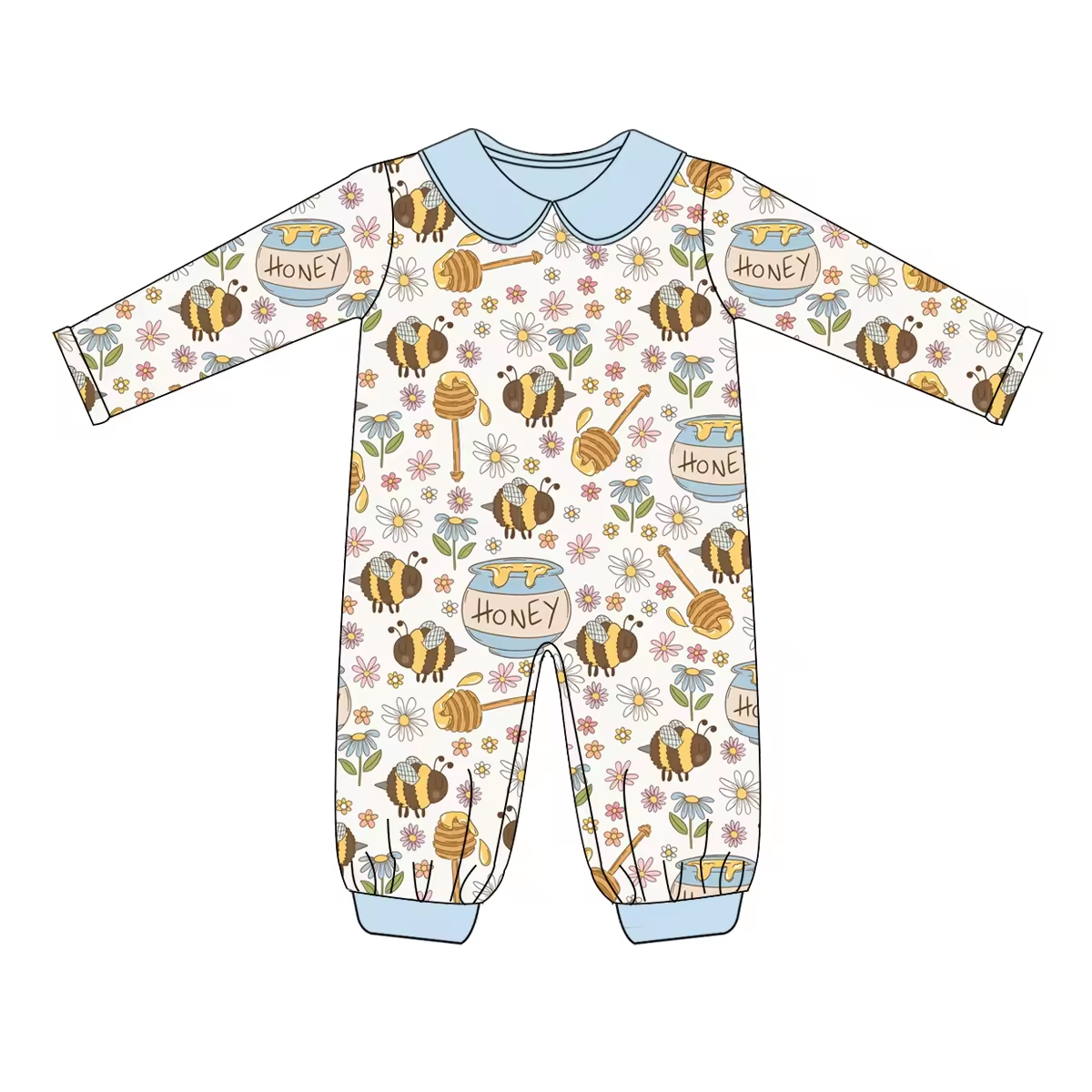 Custom moq 3 eta 6-8 weeks Bee collecting honey light blue baby collar romper
