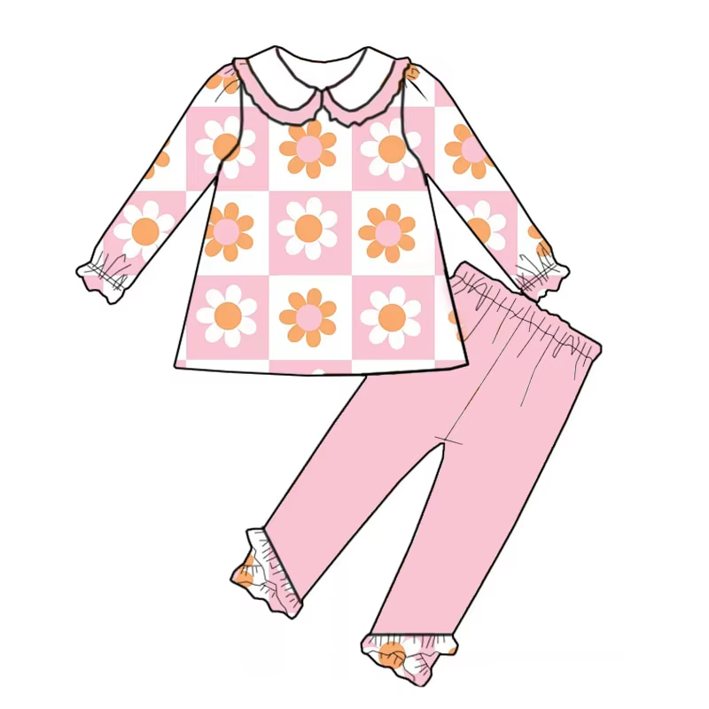 Custom moq 3 eta 6-8weeks Pink and White Plaid Sunflower Doll Collar Long Sleeve Suit